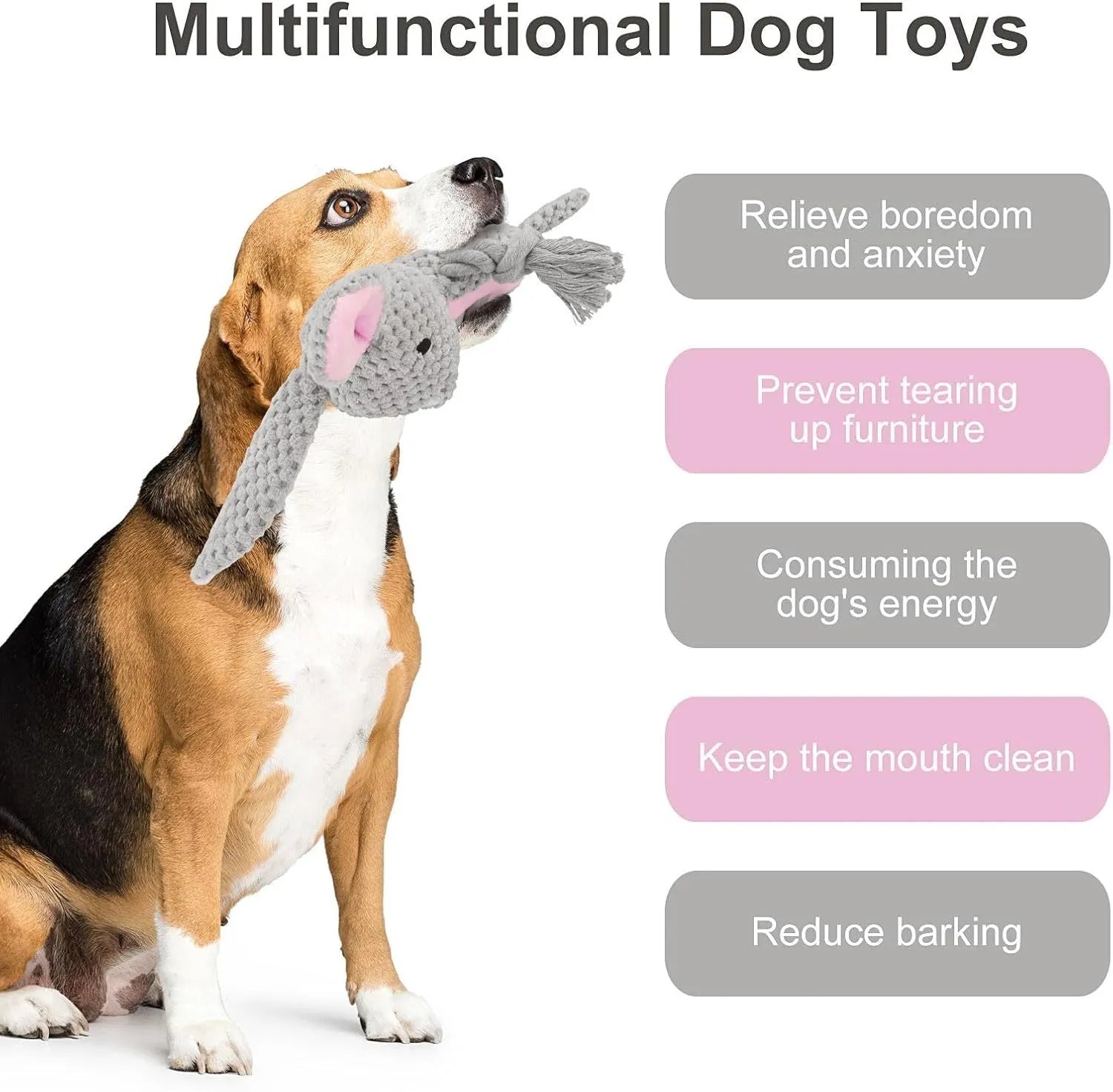 Multi-texture dog toy with plush animal design, cotton rope elements, and crinkle paper interior