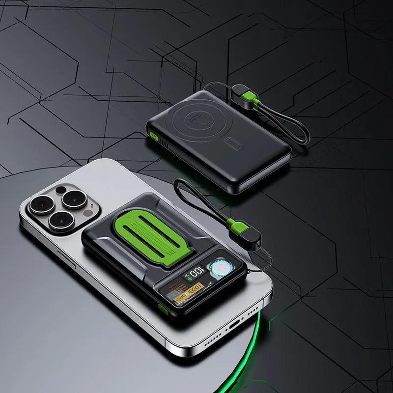 Magnetic wireless power bank with air cooling and detachable strip line on white background