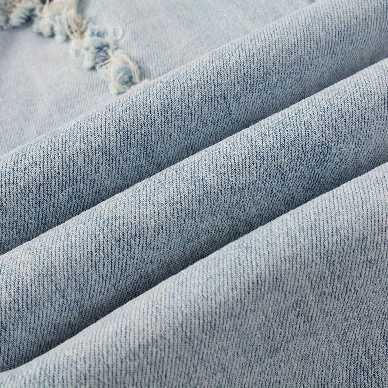 Light blue slim fit stretch jeans for men with hot diamond patch and cat-whisker details