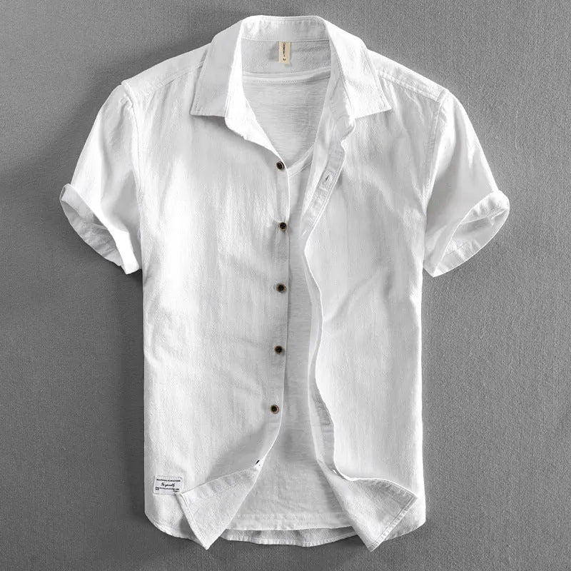 Men's casual loose lapels half sleeve cotton cardigan top in solid colour, front view