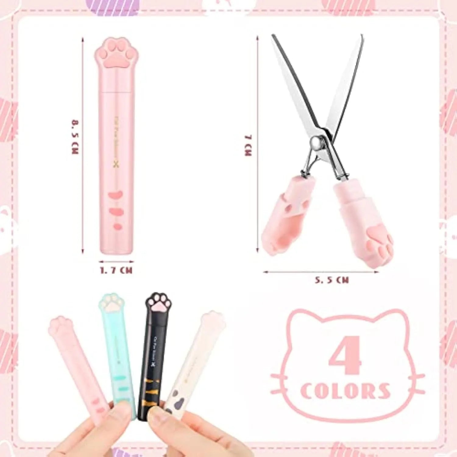Cat paw cartoon design mini folding safety scissors in four colours: black, blue, pink, and white.