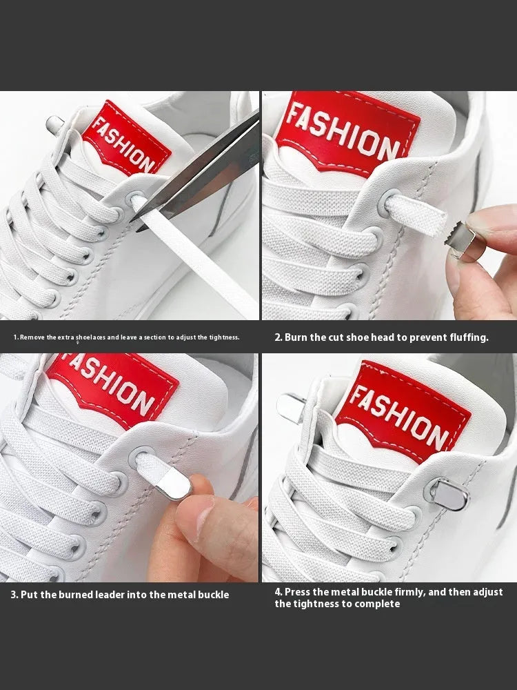 Elastic no-tie shoelaces with flat buckle and press buttons in white, black, red and other colours, free size for adults and children