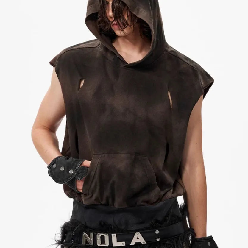 Khaki cotton short sleeve hooded vest with front pouch pocket and oversized streetwear fit