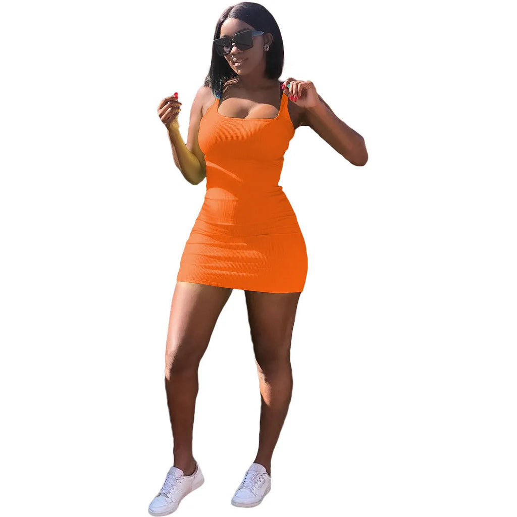 Women's casual slim fit dress with big U-neck, sunken stripe straps, and short skirt.