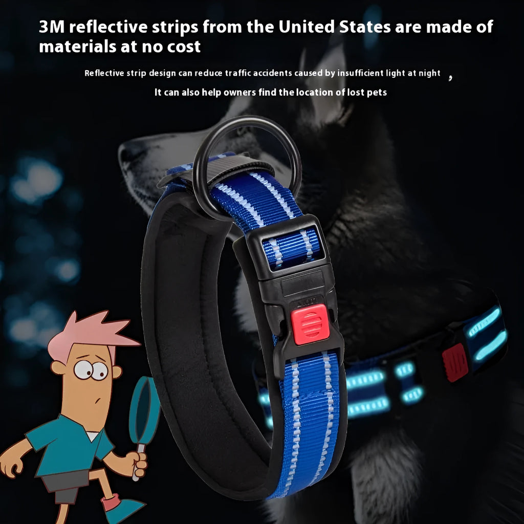Adjustable cloth dog collar for medium and large dogs in blue, red, orange, lake blue, black, or fluorescent green.