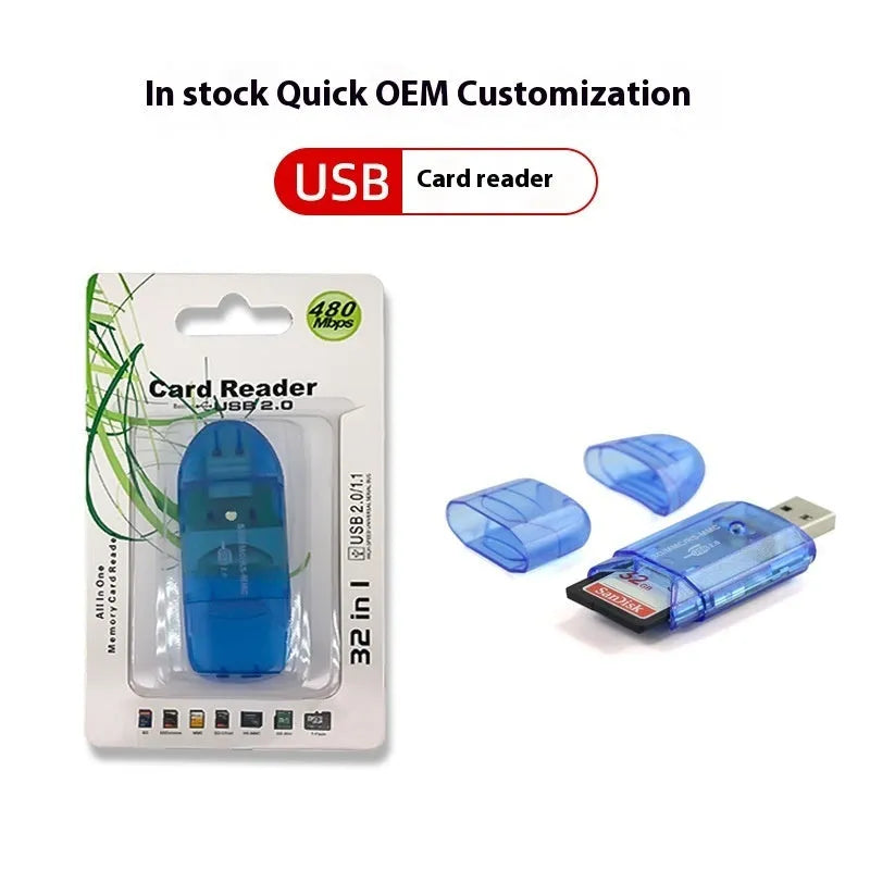 Transparent plastic USB card reader with SD and MS slots on a white background.