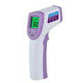 White PK58B non-contact infrared thermometer held near adult forehead with LCD screen showing temperature