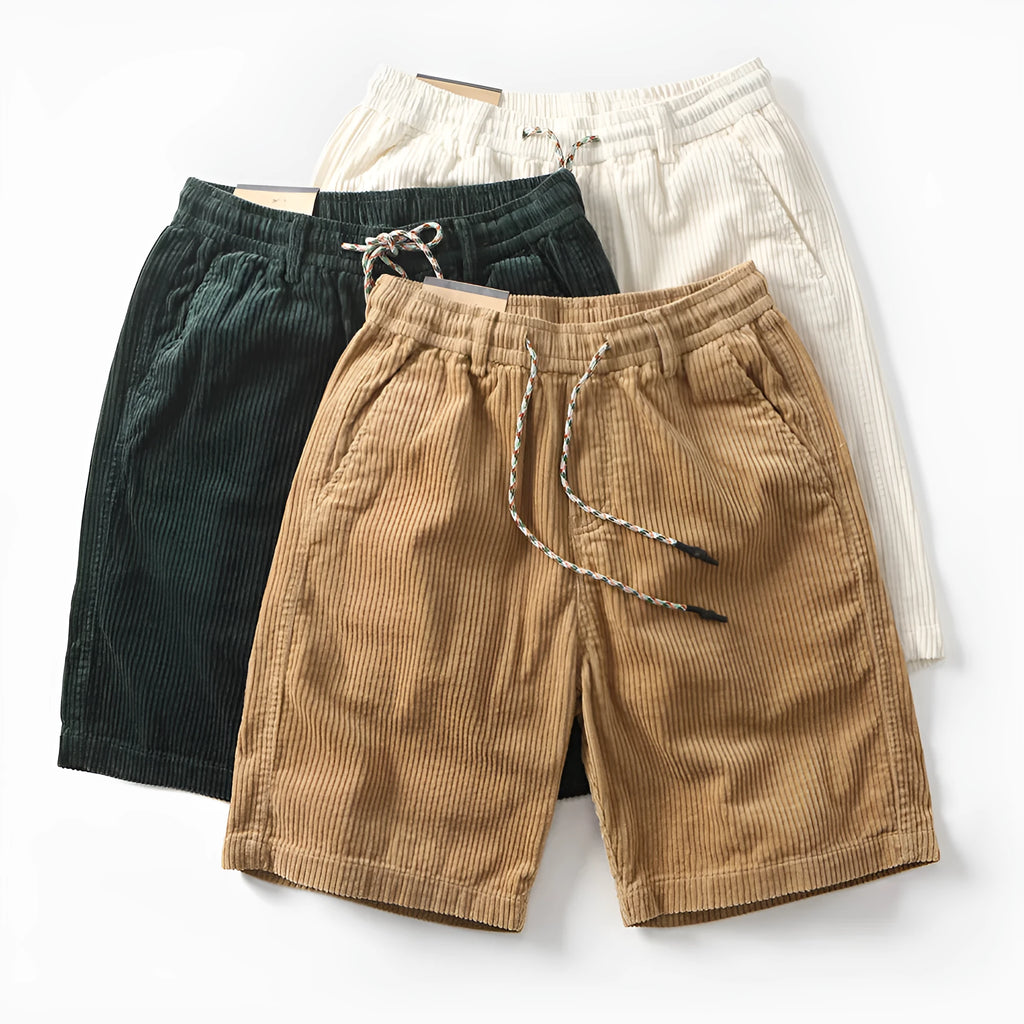 Man wearing khaki retro-style straight-leg cargo shorts made from polyester for summer streetwear.