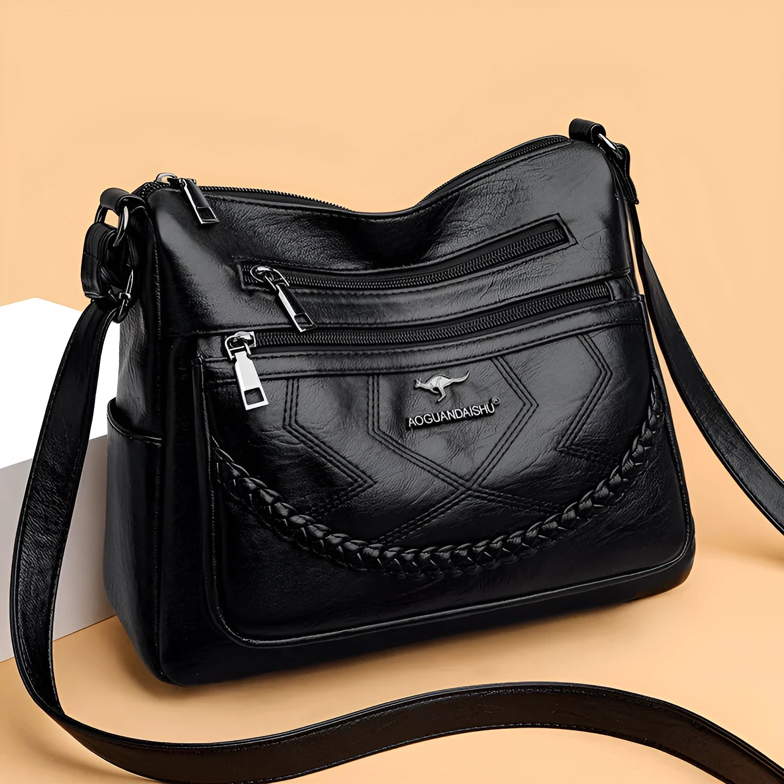 Soft PU leather women's shoulder bag in horizontal square shape with large capacity.
