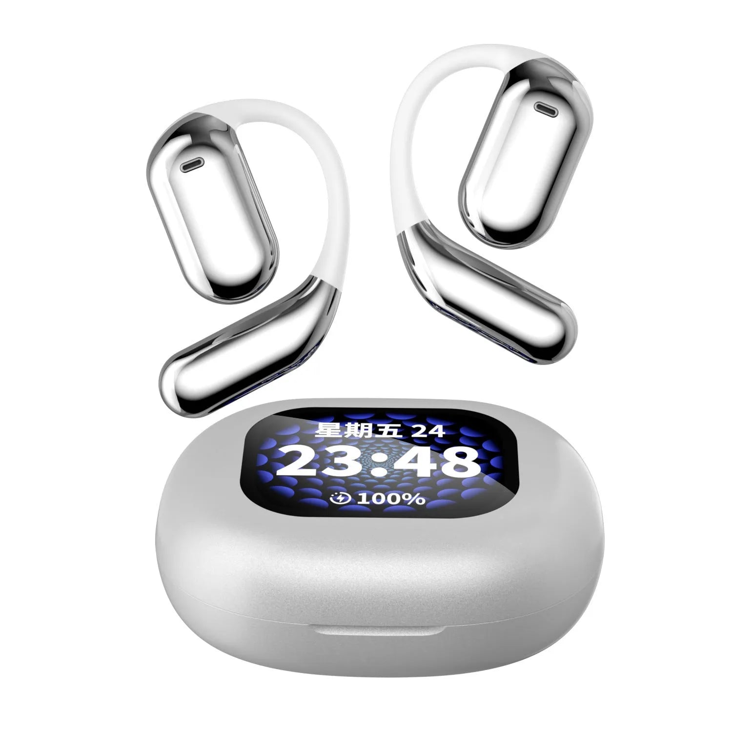 LED Display Ear-mounted OWS Bluetooth Headset in Gray with Digital Display and Ear Hook Design