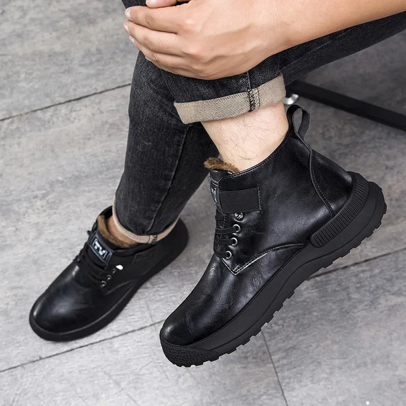Men's black Martin Boots high-top platform boots with velvet artificial PU upper and rubber sole