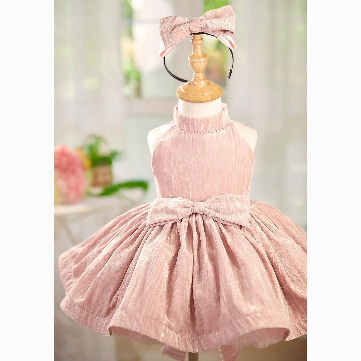 Girls pink halter pettiskirt dress for birthday parties, polyester lining, sizes 80cm to 160cm