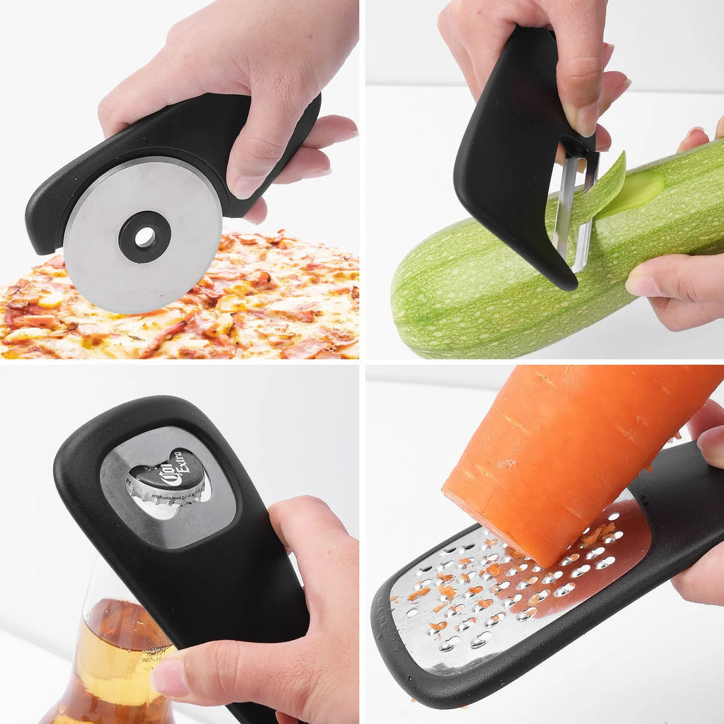 Stacking tower kitchen gadget set with six tools and cleaning brush in colour box packaging