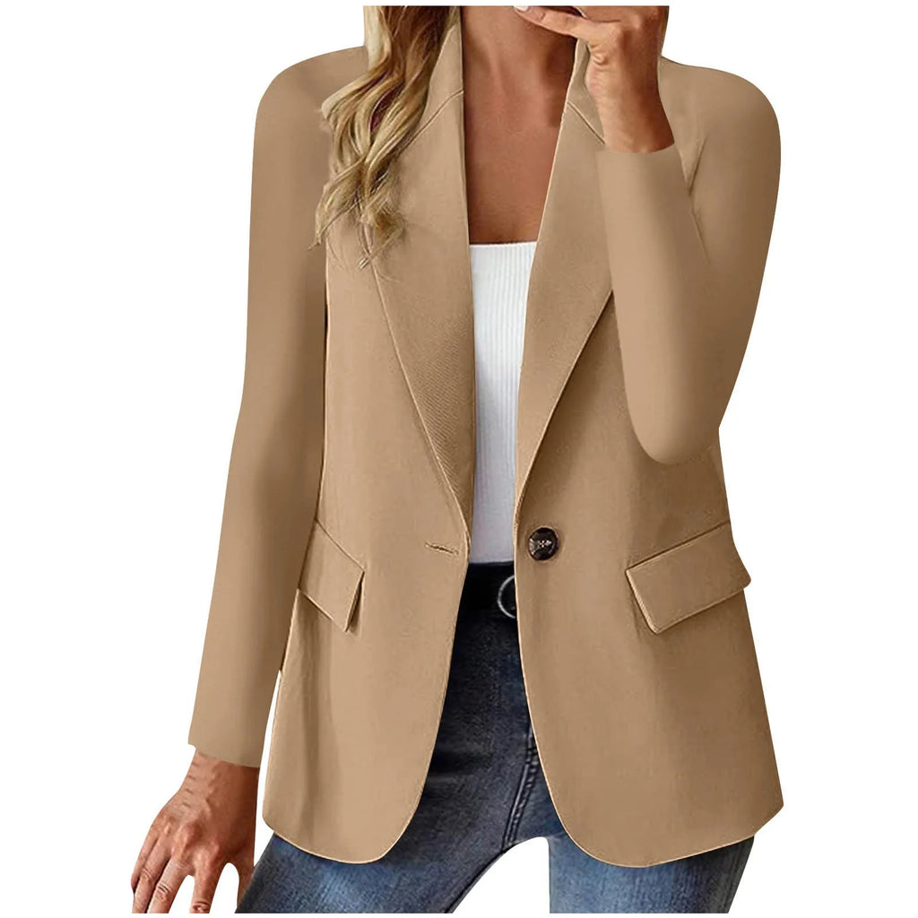 Women's long sleeve solid colour cardigan small suit jacket slim fit with pockets in black polyester fabric.
