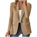 Women's long sleeve solid colour cardigan small suit jacket slim fit with pockets in black polyester fabric.