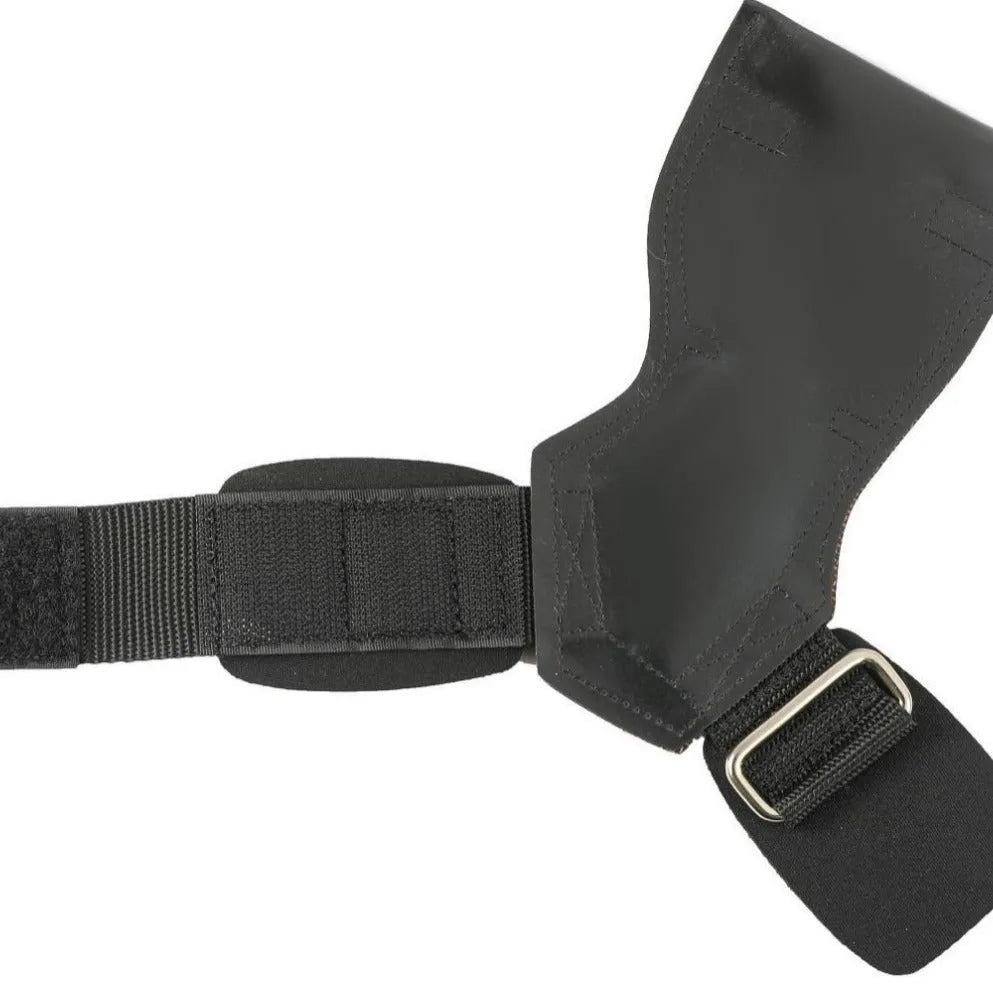 Black rubber non-slip weightlifting palm protection strap for barbell exercises and rock climbing.
