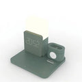 Dark green foldable Qi wireless charger stand with LED clock display charging a smartphone