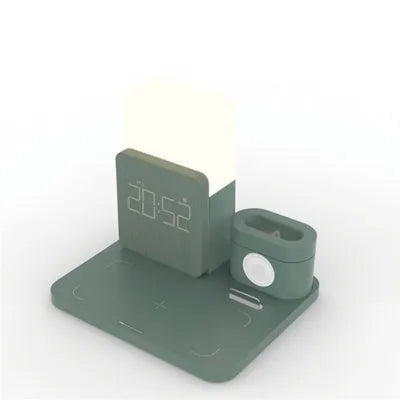 Dark green foldable Qi wireless charger stand with LED clock display charging a smartphone