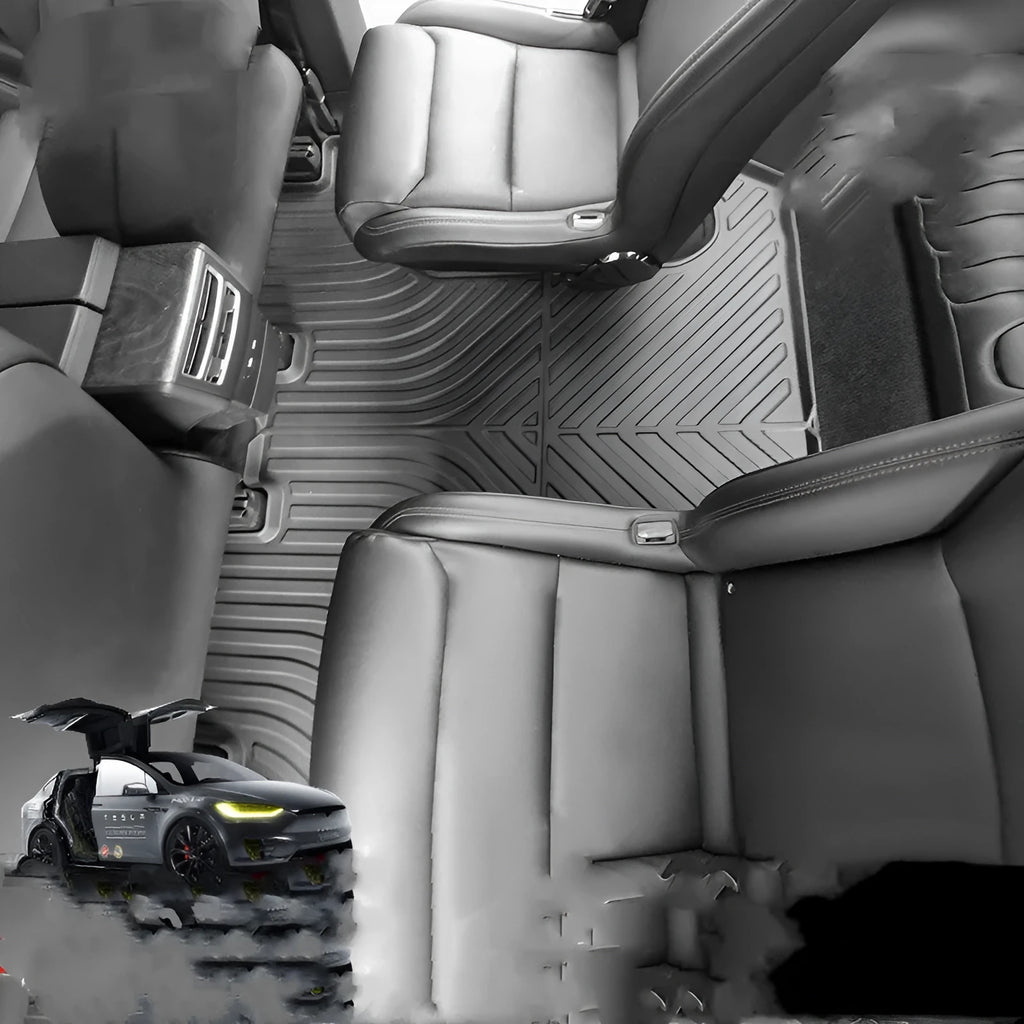 TPE rubber car mat set for Tesla Model X showing front, rear, and tailbox mats.