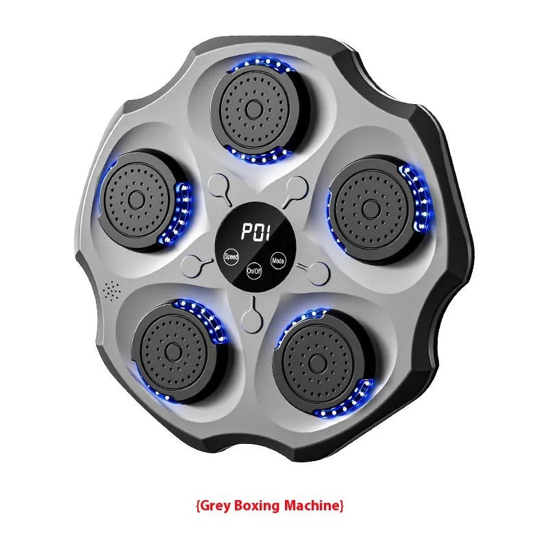 Black Bluetooth music boxing wall target hanging on a wall with paired adult boxing gloves.