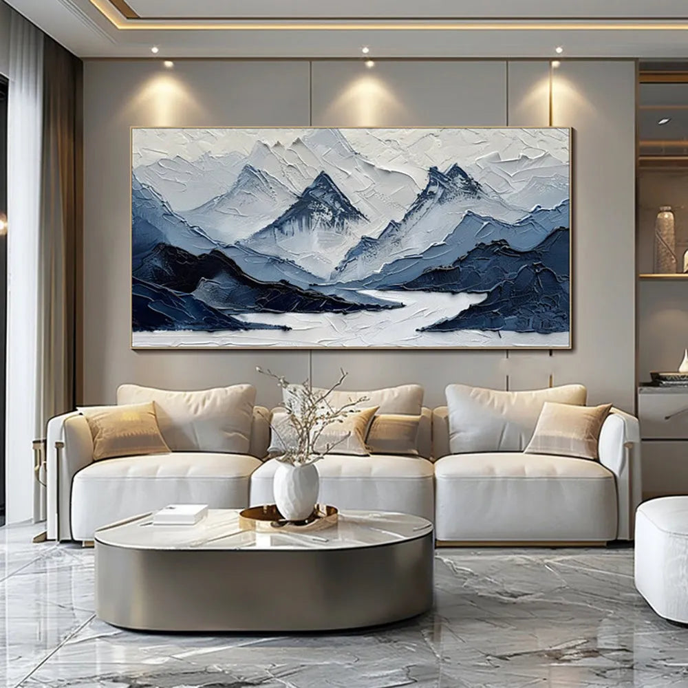 Hand painted modern mountain landscape oil painting in navy blue and white on canvas