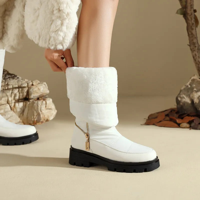 Women's winter snow boots, round toe, black or white, artificial PU upper, sizes 35 to 44
