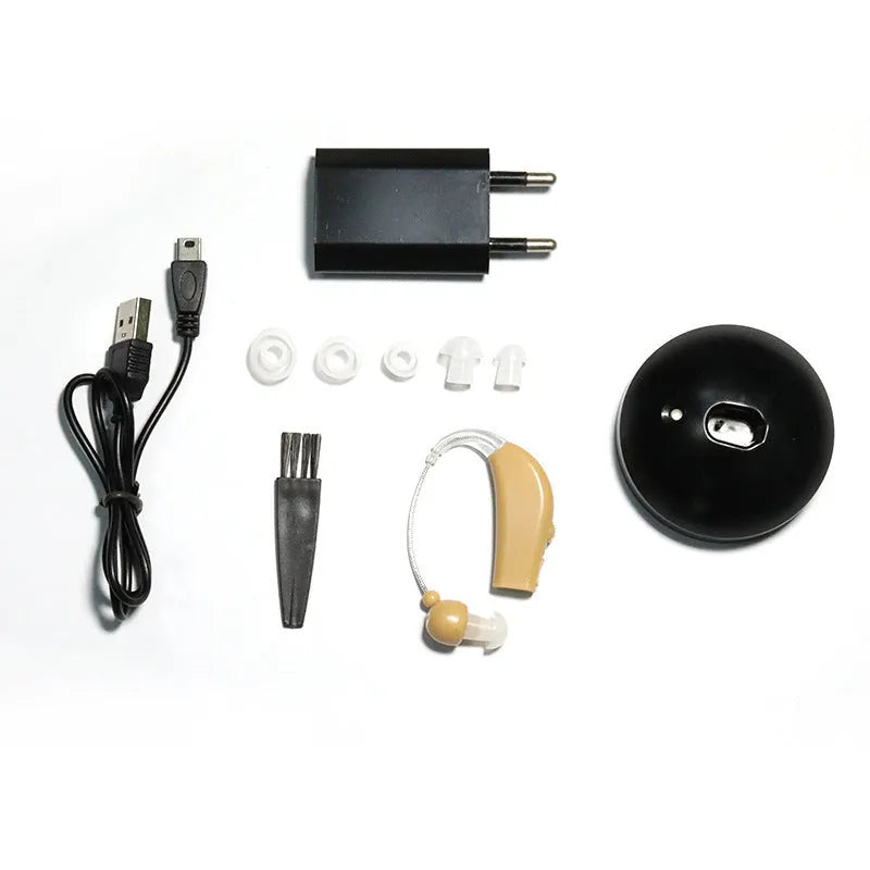 Black rechargeable hearing aid amplifier with silicone ear tips for elderly hearing support