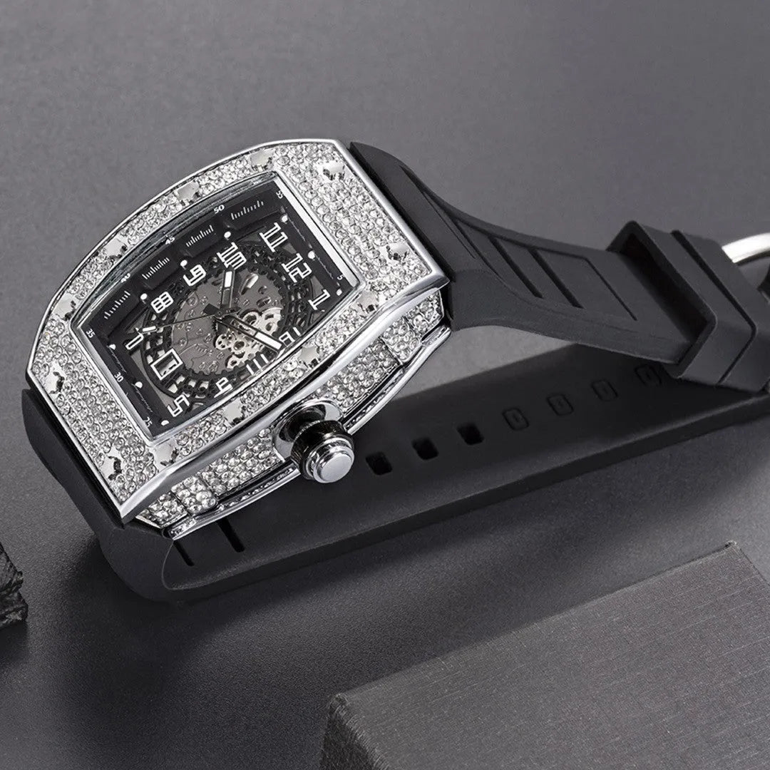 Full diamond tonneau silicone band quartz men's watch with 50mm dial, black colour option, and pin buckle