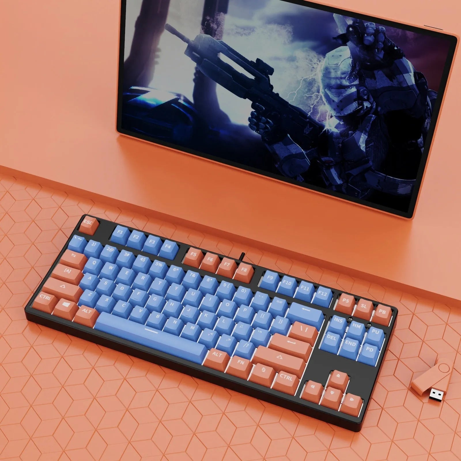 87-key wired mechanical gaming keyboard with hot-swappable switches in dual-colour keycap configuration