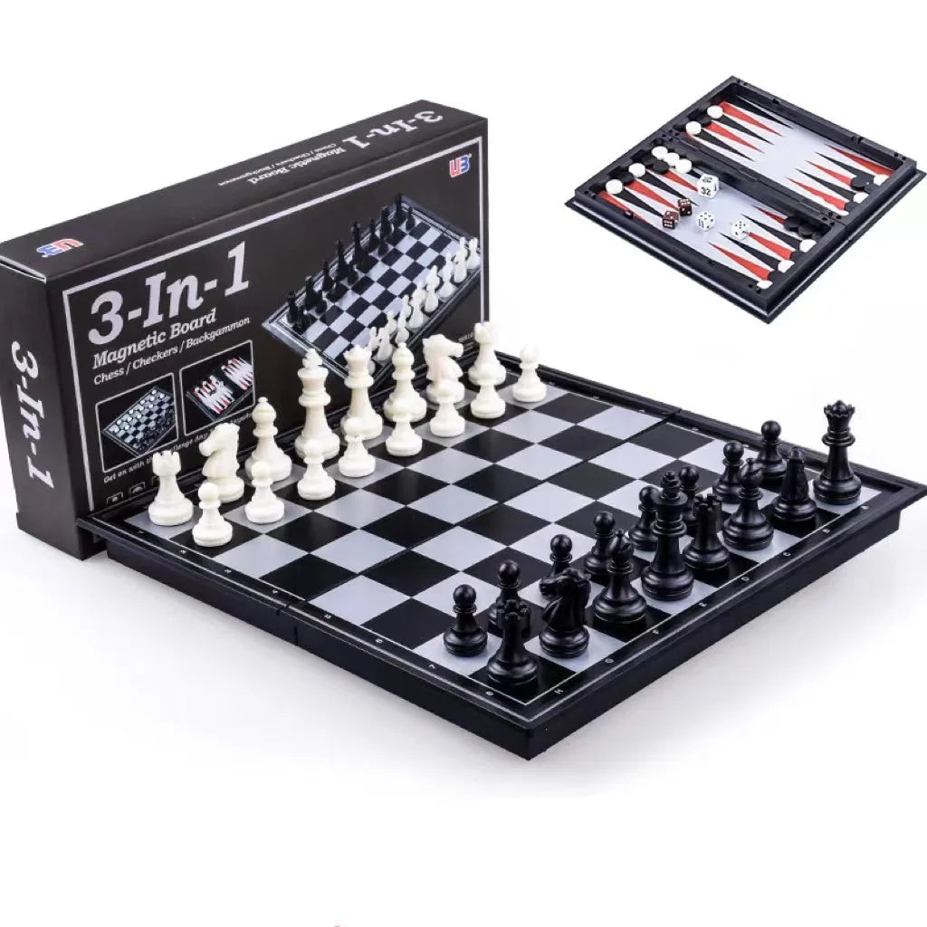 Three-in-one magnetic chess checkers backgammon set with plastic board and ABS pieces