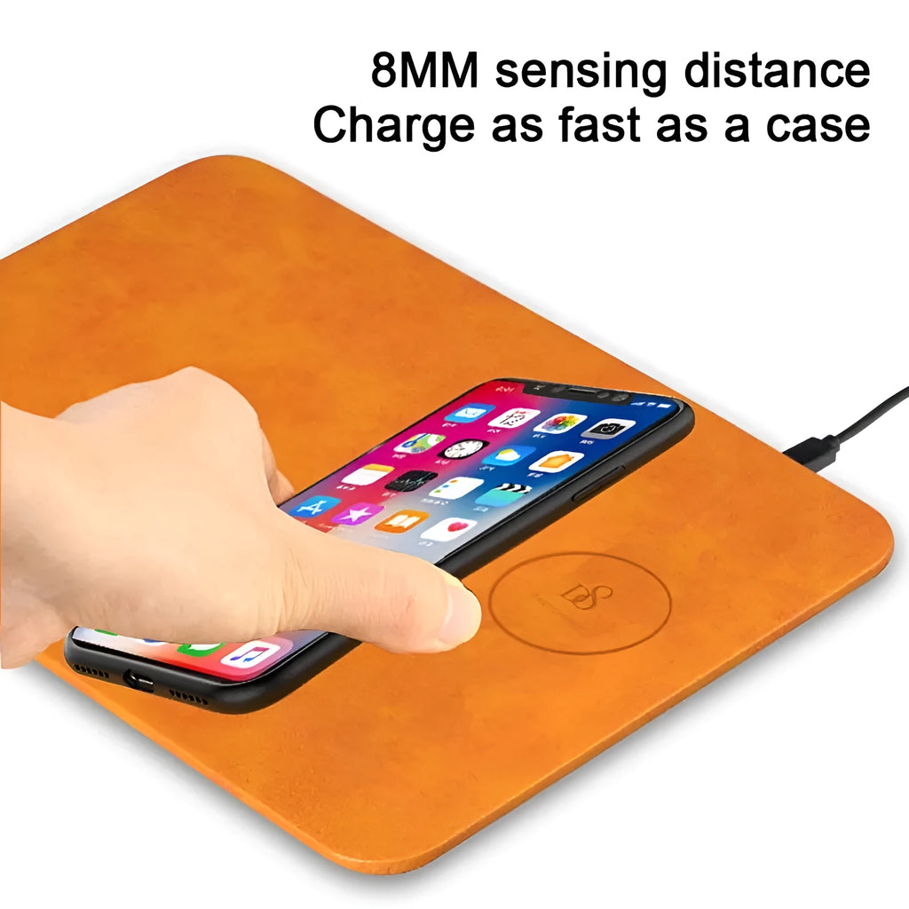 Brown leather and PU wireless charging mouse pad with Micro USB port for fast smartphone charging.