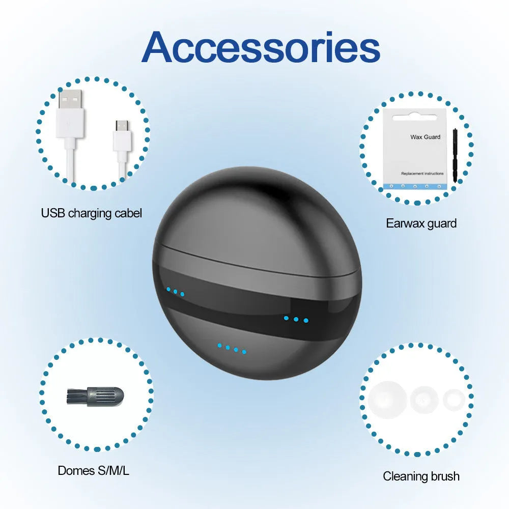 C700 digital in-ear hearing amplifier in red or blue with charging box and accessories