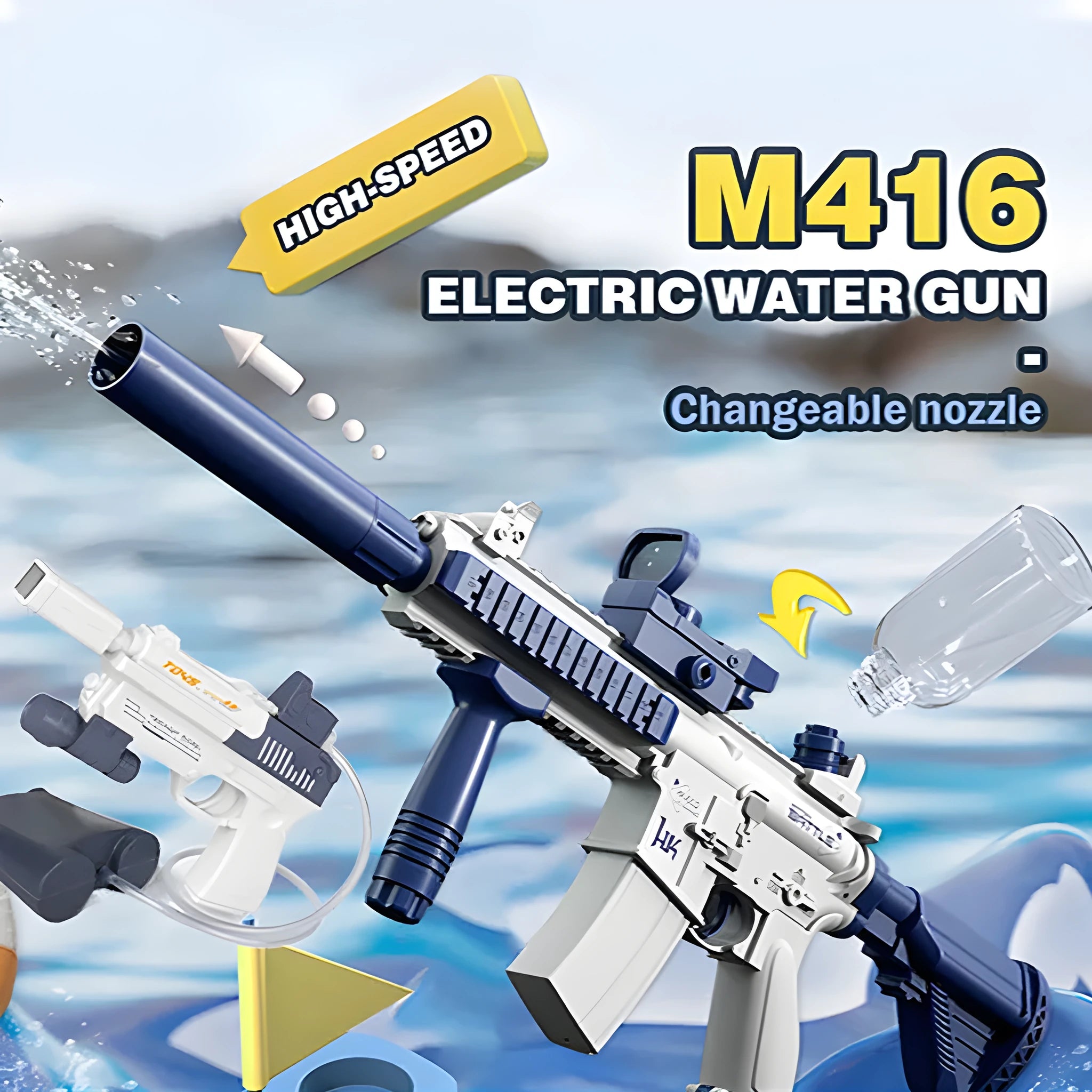 Blue automatic electric water gun toy with USB charging cable for summer outdoor play