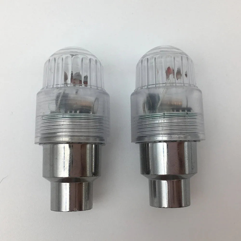 Two LED wheel valve lamps in ABS casing, 4cm size, for bicycle or car tyre valve attachment