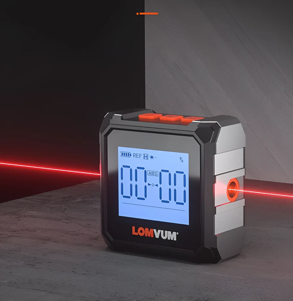Digital inclinometer with backlit display and alloy casing on a metal surface, showing magnetic attachment.