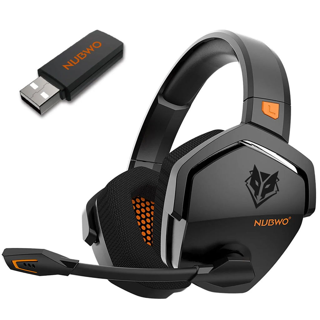 Black and orange wireless gaming headset with large ear cups and a built-in microphone.