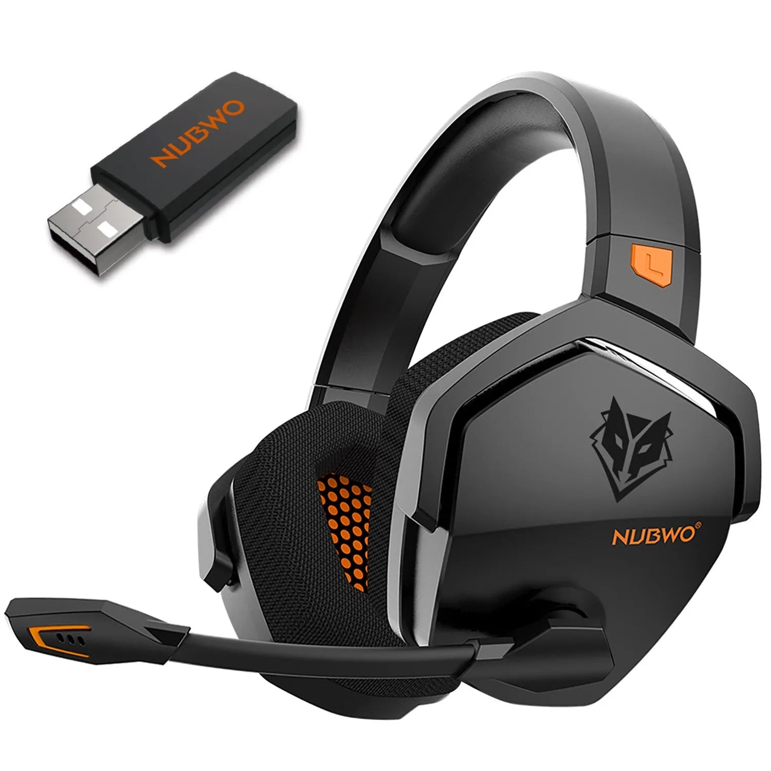 Black and orange wireless gaming headset with large ear cups and a built-in microphone.