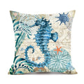 Square linen cushion cover with blue sea turtle print, showing invisible zipper closure.