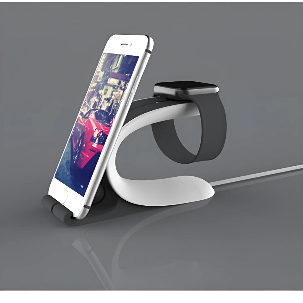 Grey charging stand holding Apple mobile phone and watch for simultaneous desktop charging