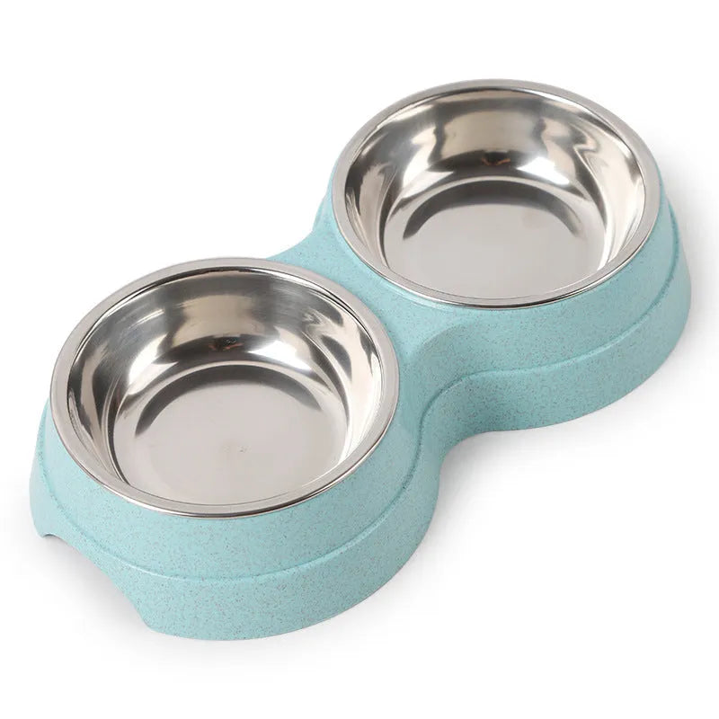 Stainless steel pet rice bowl with straw plastic base in blue, 24.5x13.5x4.6 cm