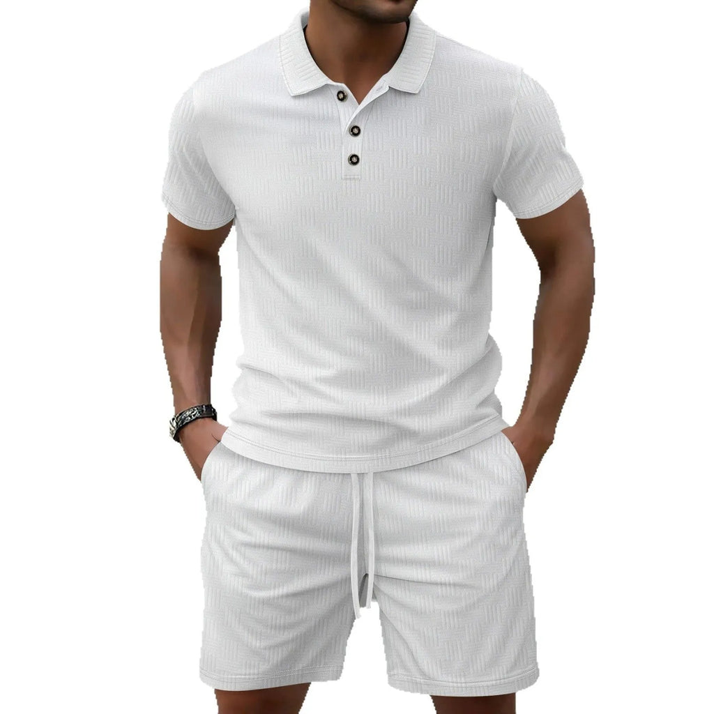 Men's solid colour jacquard short sleeve casual suit with matching shorts