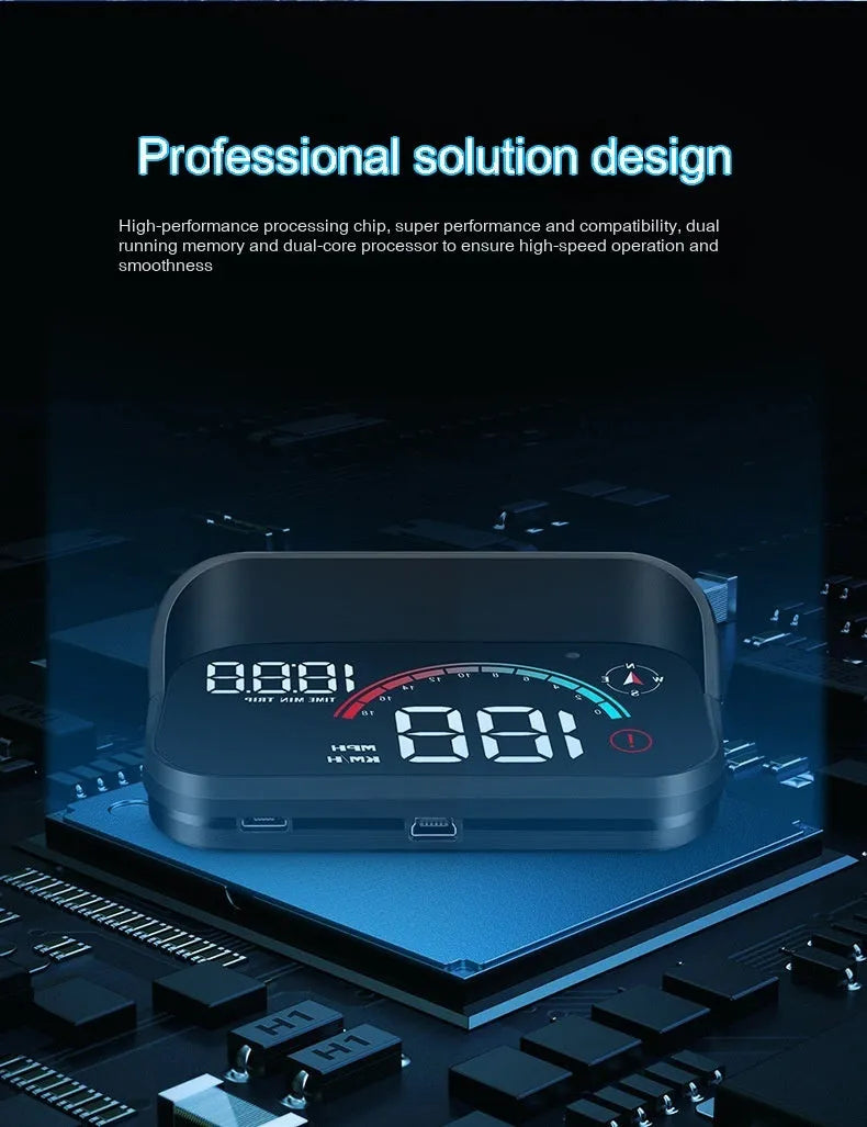 Black universal head-up display (HUD) car projector unit for windscreen speed and compass projection.