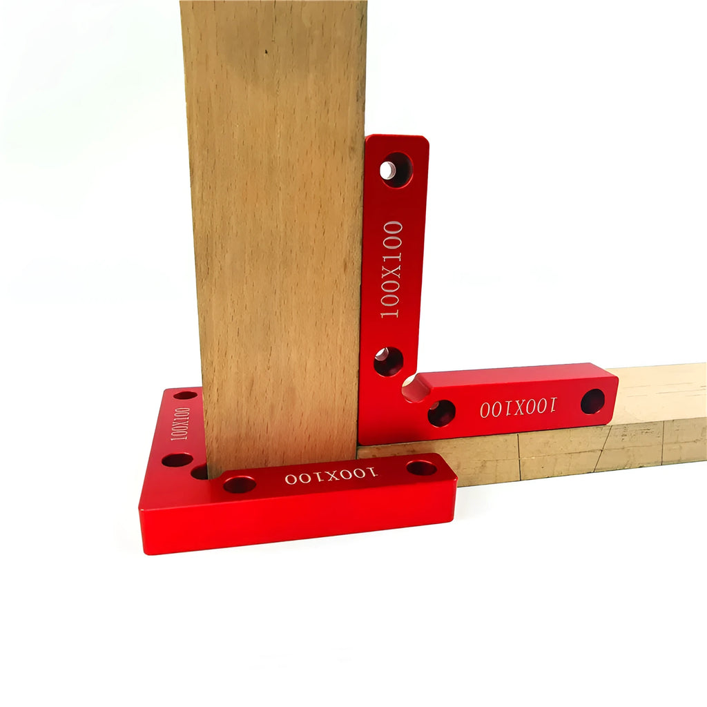 Aluminium right angle positioning block for woodworking with measurement scale.