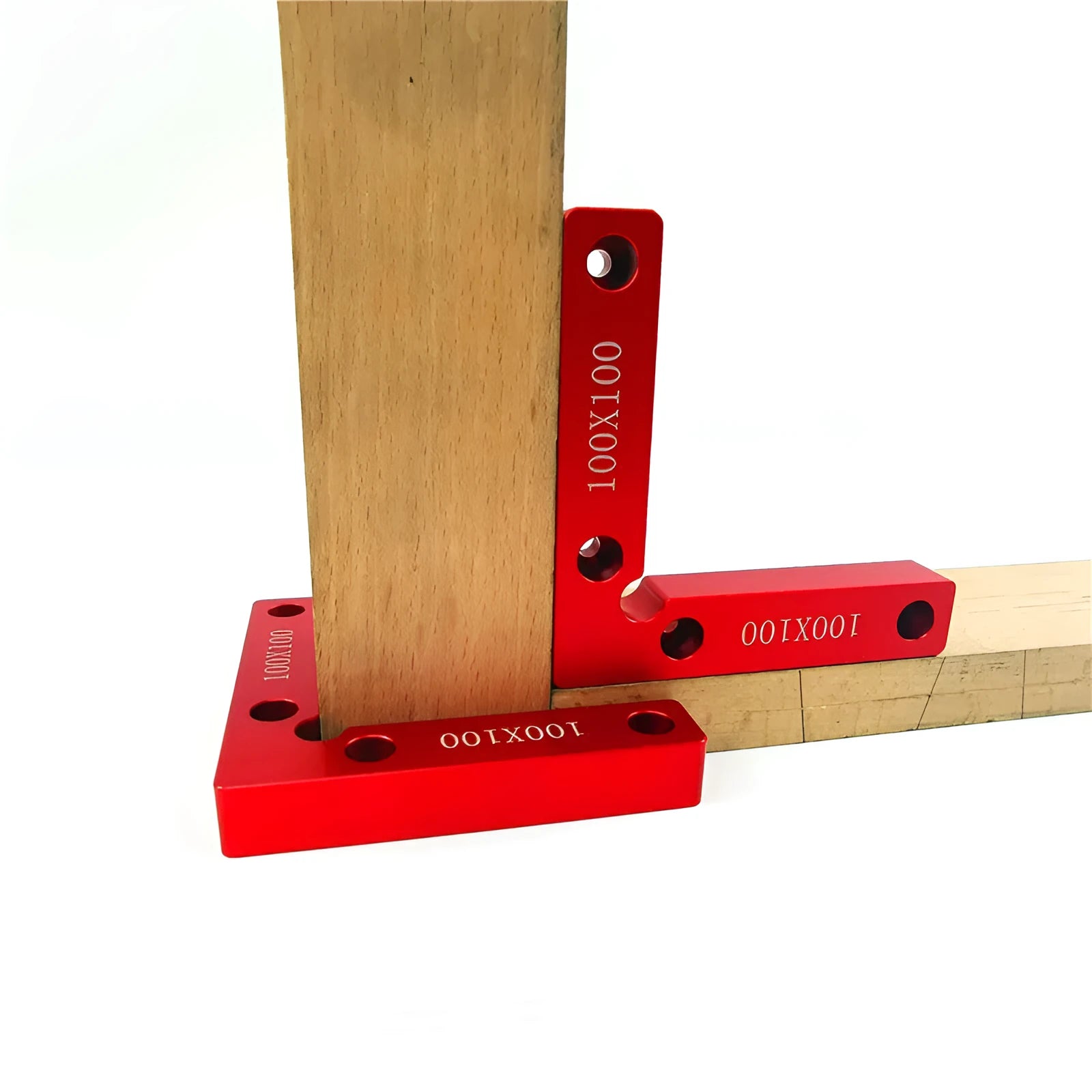 Aluminium right angle positioning block for woodworking with measurement scale.