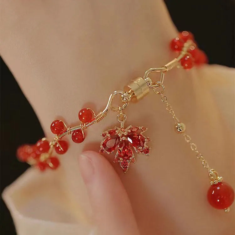 Red ginkgo leaf magnetic bracelet with electroplated alloy finish and adjustable clasp