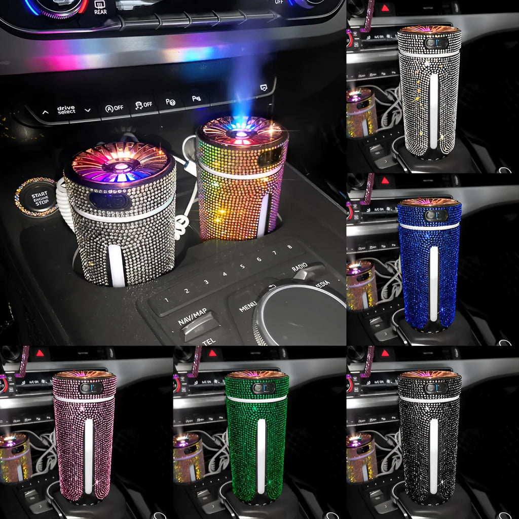Rhinestone and plastic car humidifier with LED lights, showing colourful mist and USB cable.
