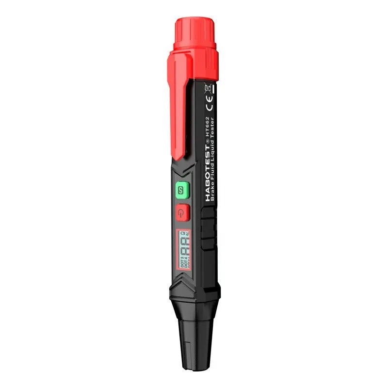 Digital brake fluid tester with display screen showing colour-coded moisture readings
