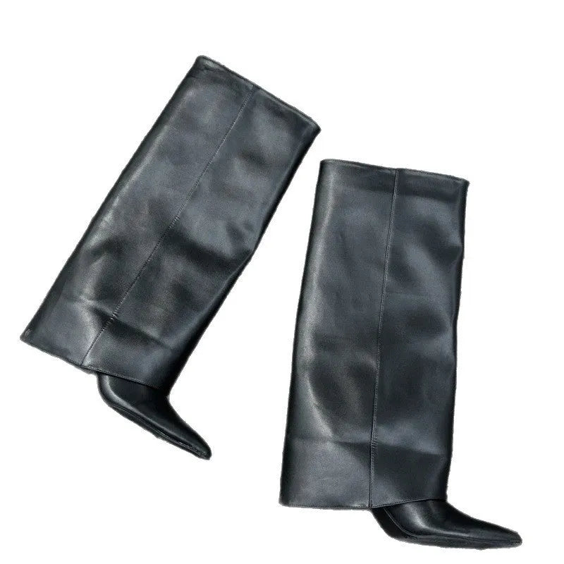 Children's pointed toe high heel boots with wedge heel in black microfiber, side view