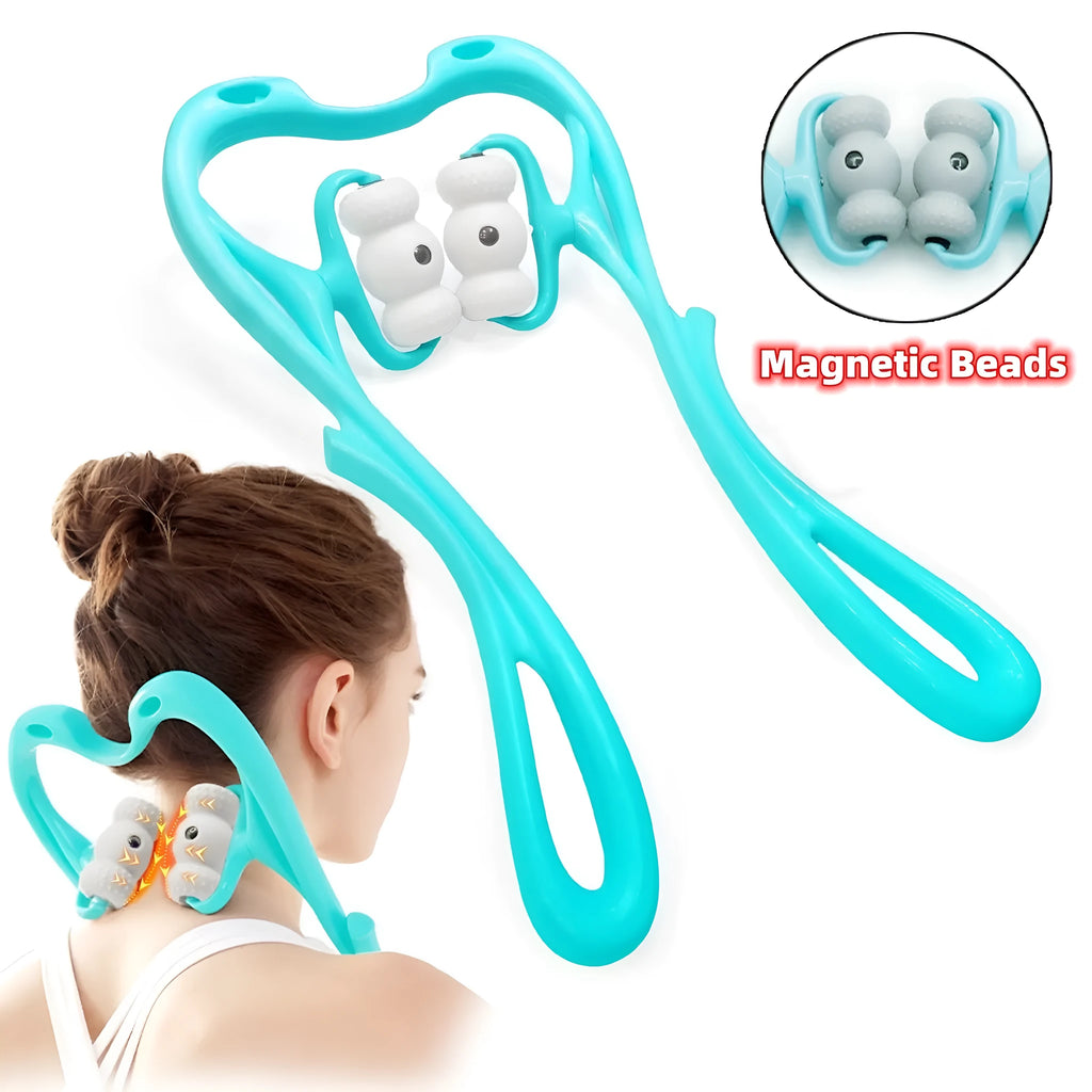 Blue handheld deep tissue neck massager with 360-degree roller and acupressure nodes on a white background.