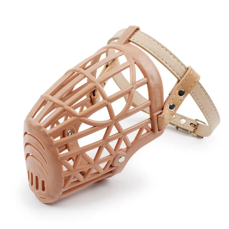 Plastic strong dog muzzle basket in beige on a white background, adjustable size 1-7 for dogs and cats